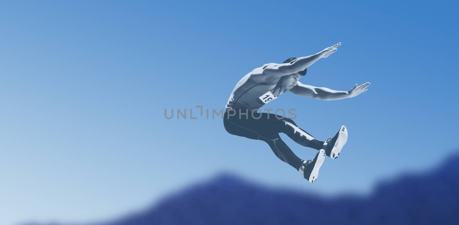 Composite image of sportsman is jumping against scenic view of blue sky