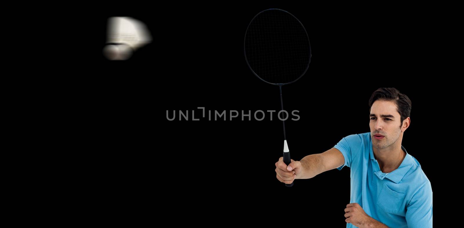 Badminton player playing badminton on white background