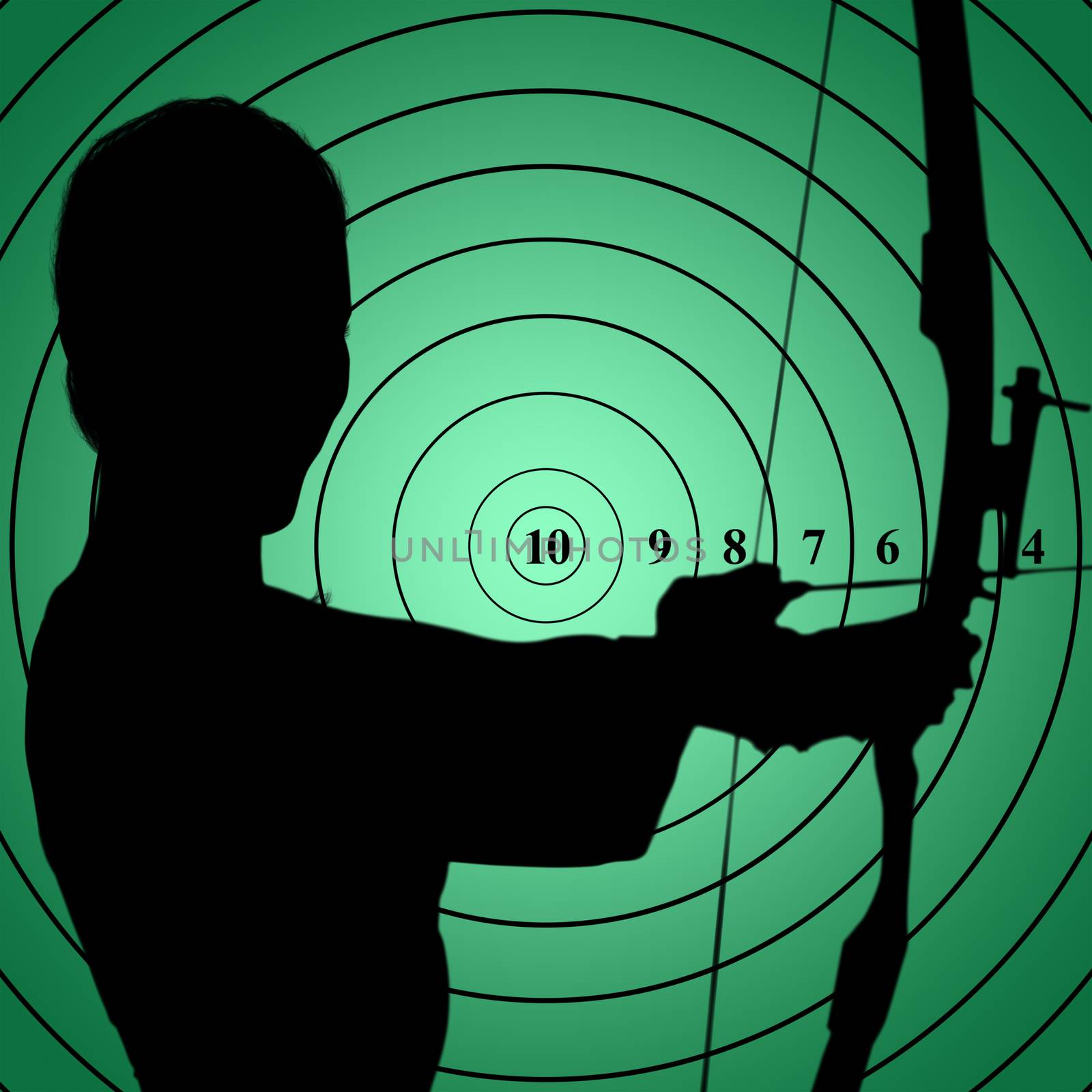 Portrait of sportswoman is smiling and practising archery  against green vignette