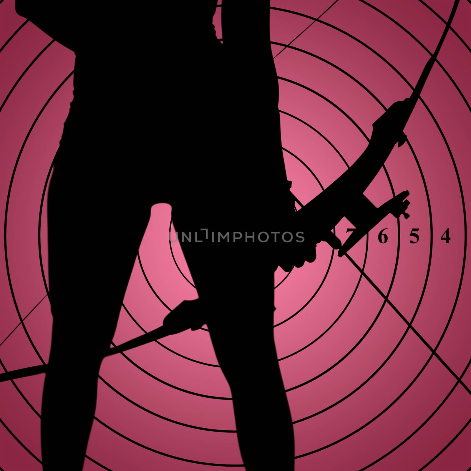 Focus on sportswoman holding an arch against red vignette