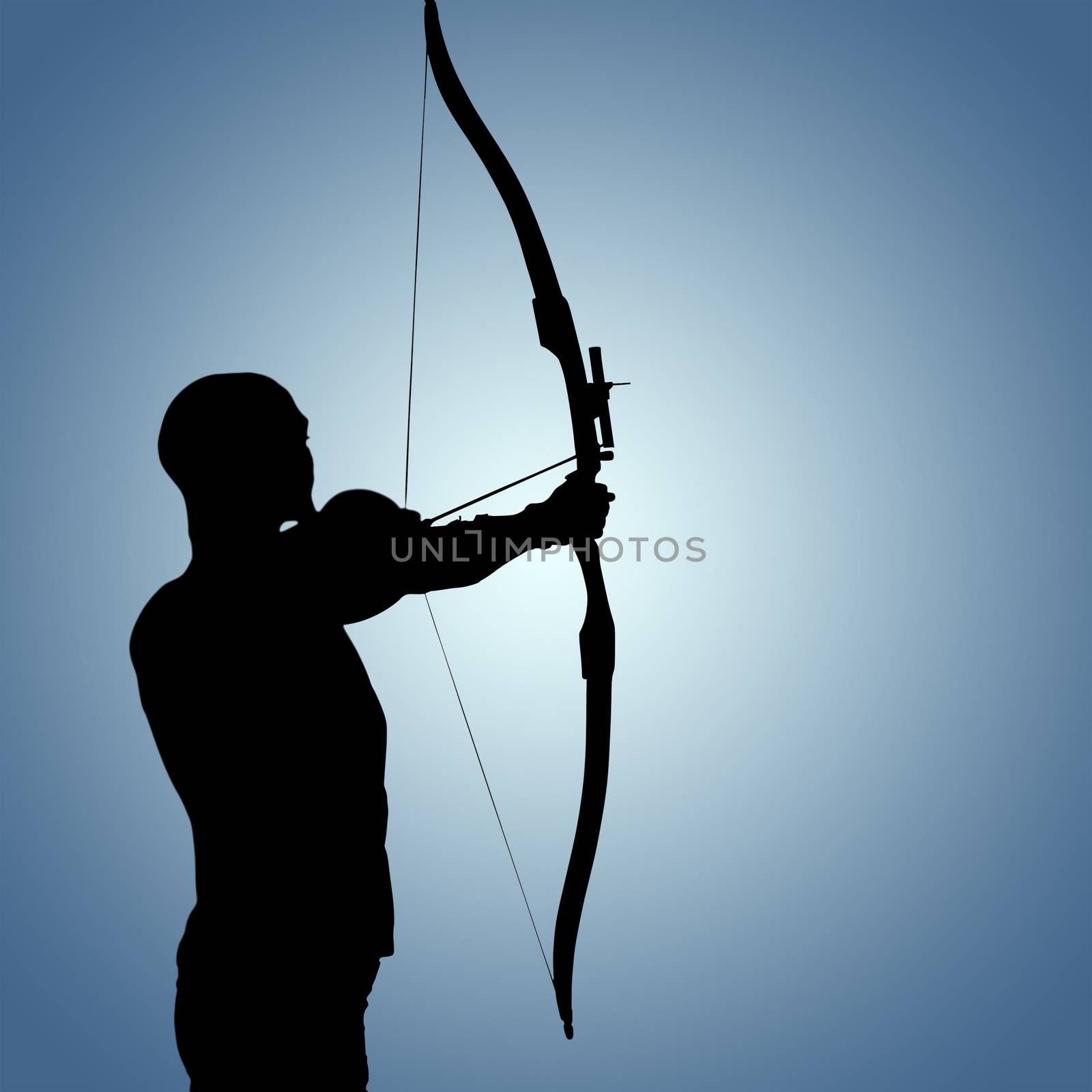 Rear view of sportsman doing archery on a white background against purple vignette