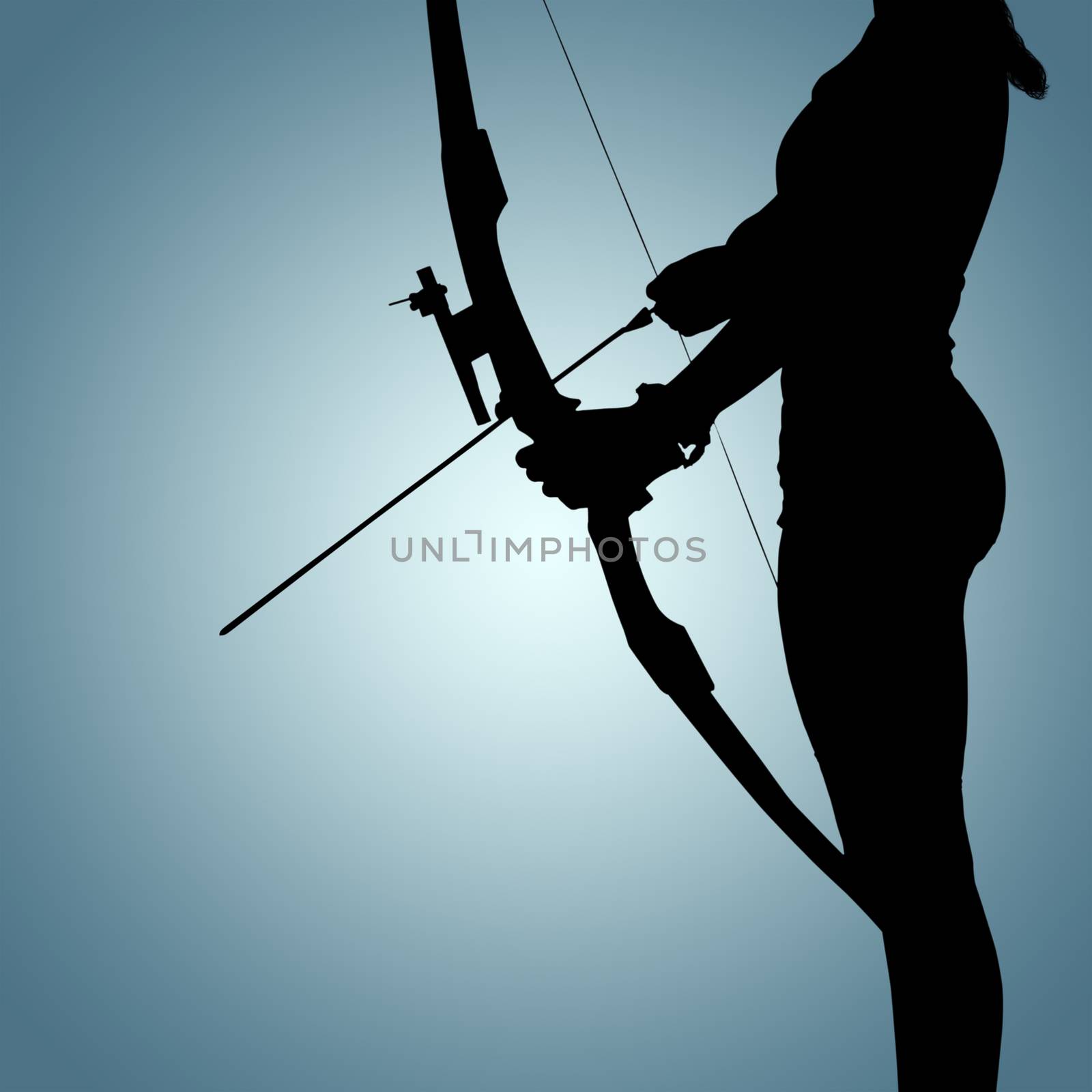 Sportswoman practicing archery against grey vignette