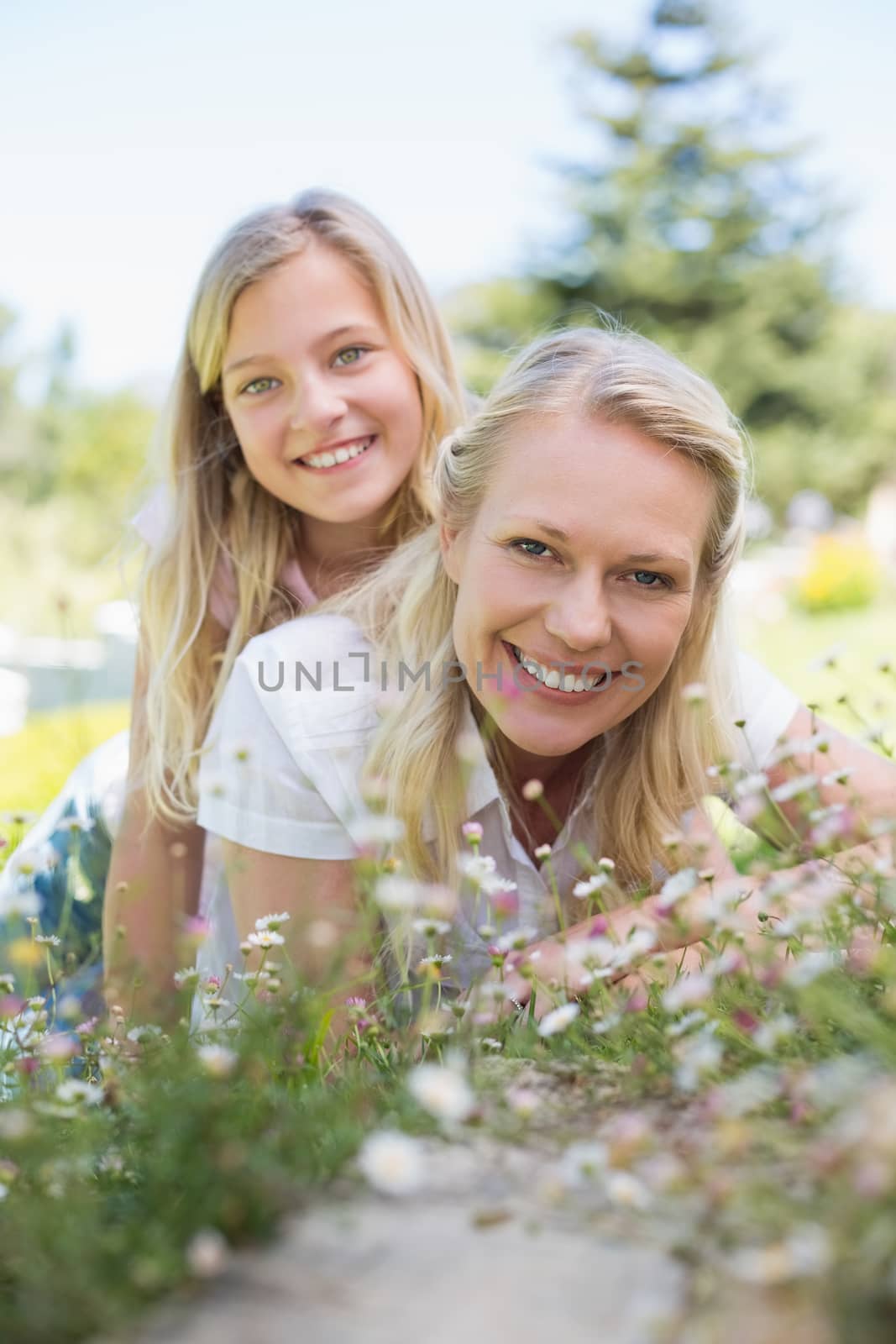Girl lying on top of mother in park by Wavebreakmedia