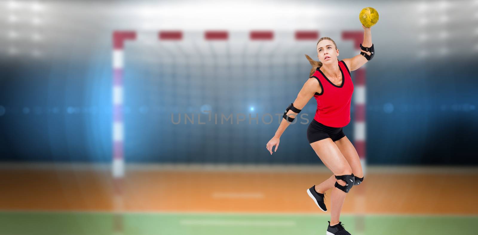 Female athlete with elbow pad throwing handball against digital image of handball goal 