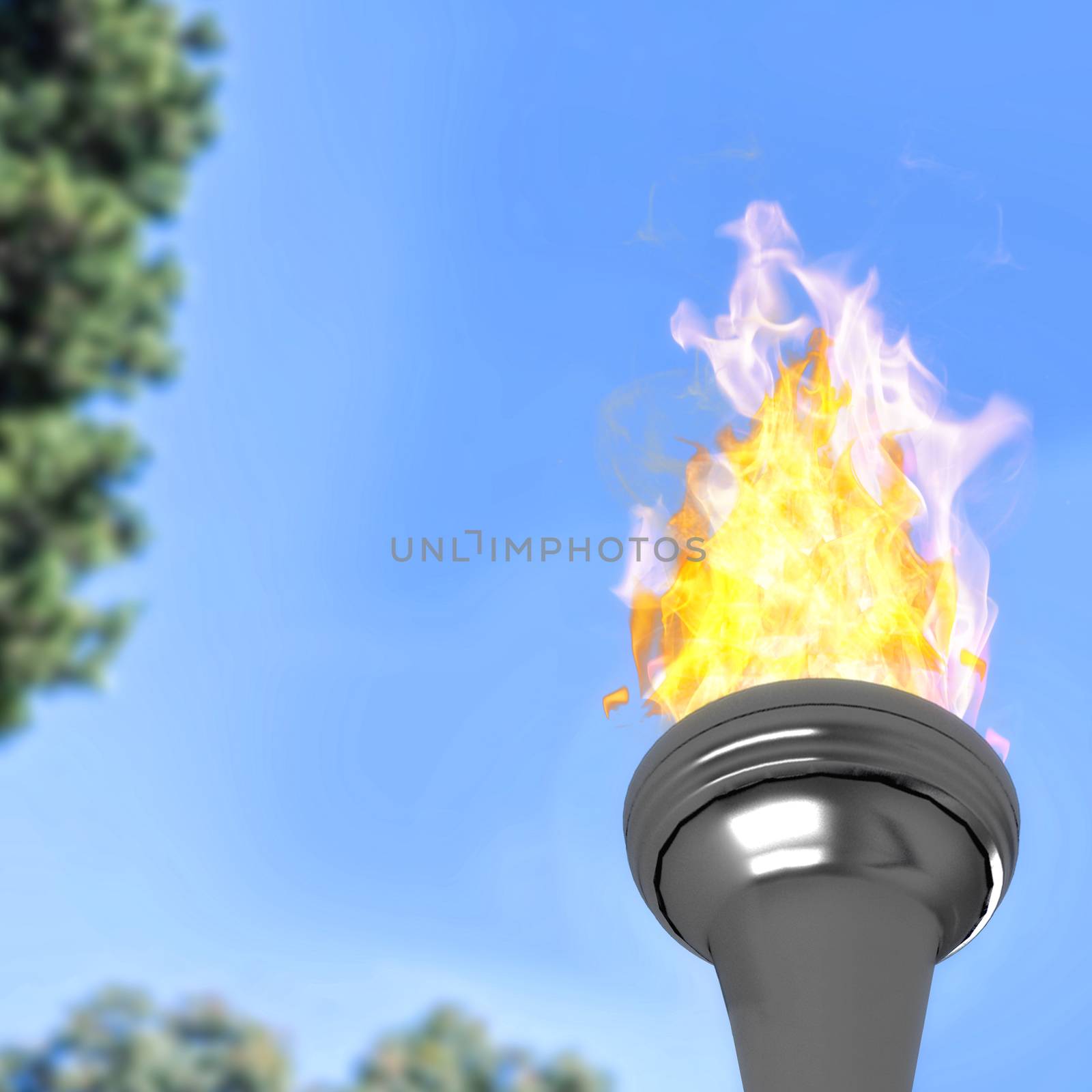 The olympic fire against tree leaves against the sky