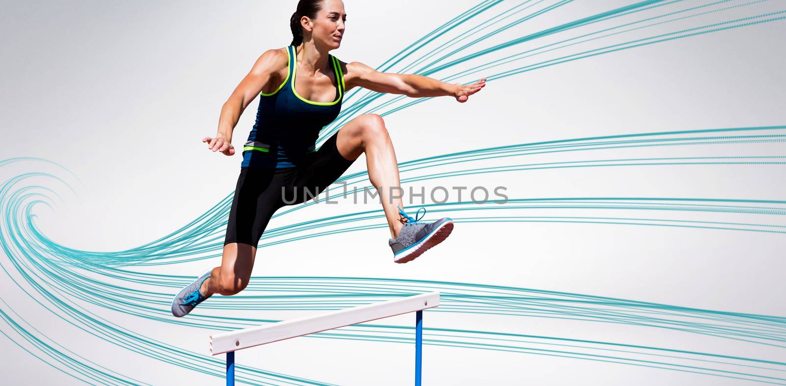 Athletic woman doing show jumping against blue abstract design