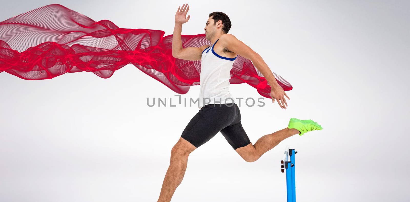 Male athlete running on white background against blue design