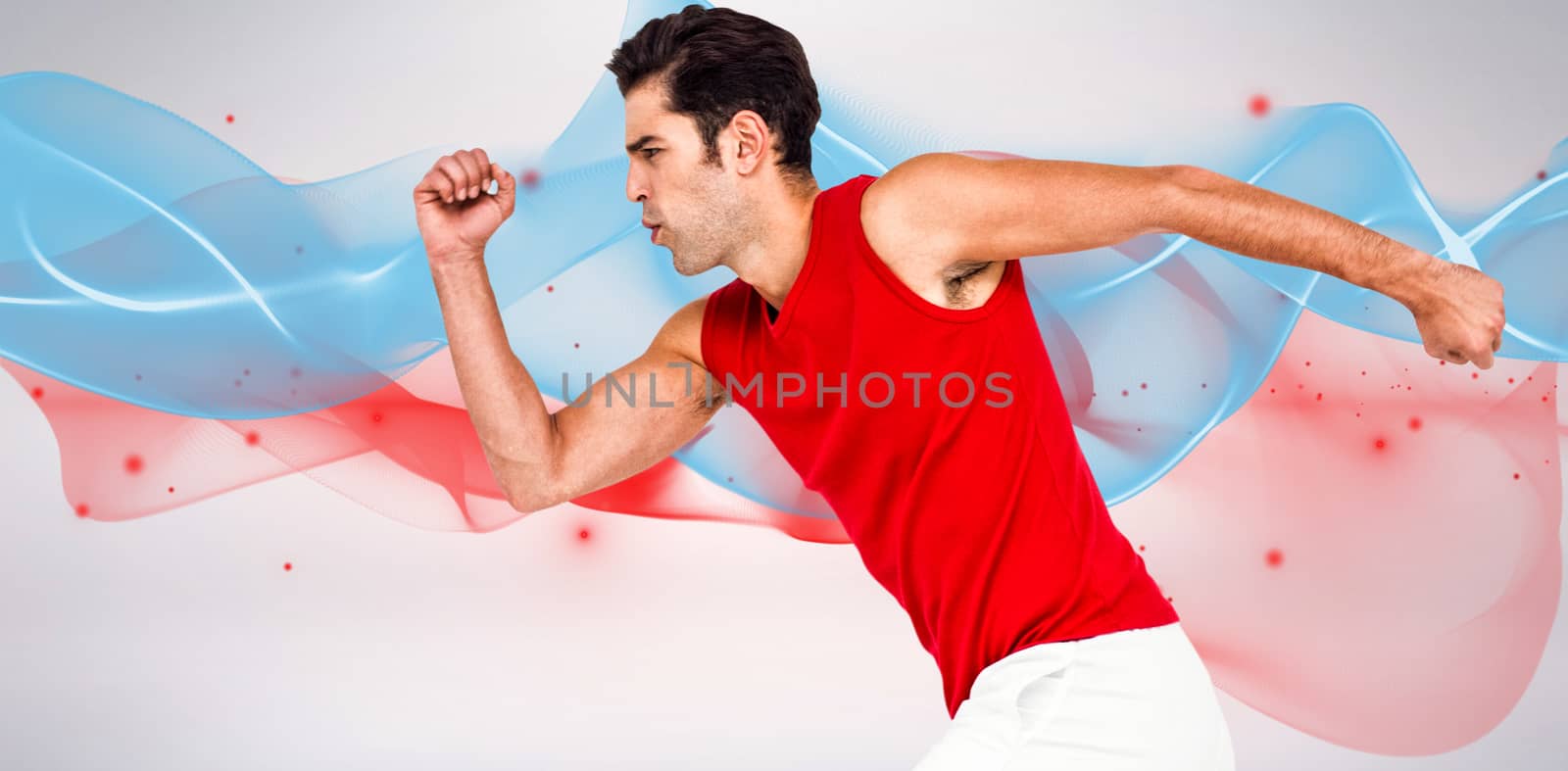 Male athlete running on white background against blue wave