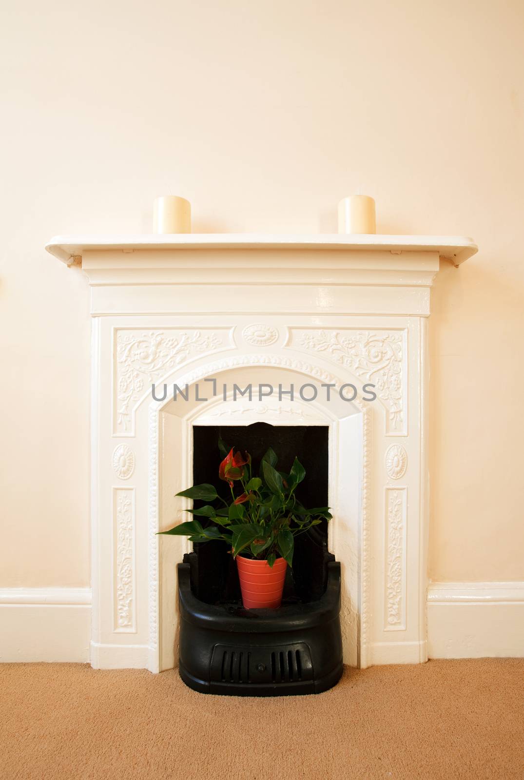 A traditional ornate iron fireplace from an 19th century English home.