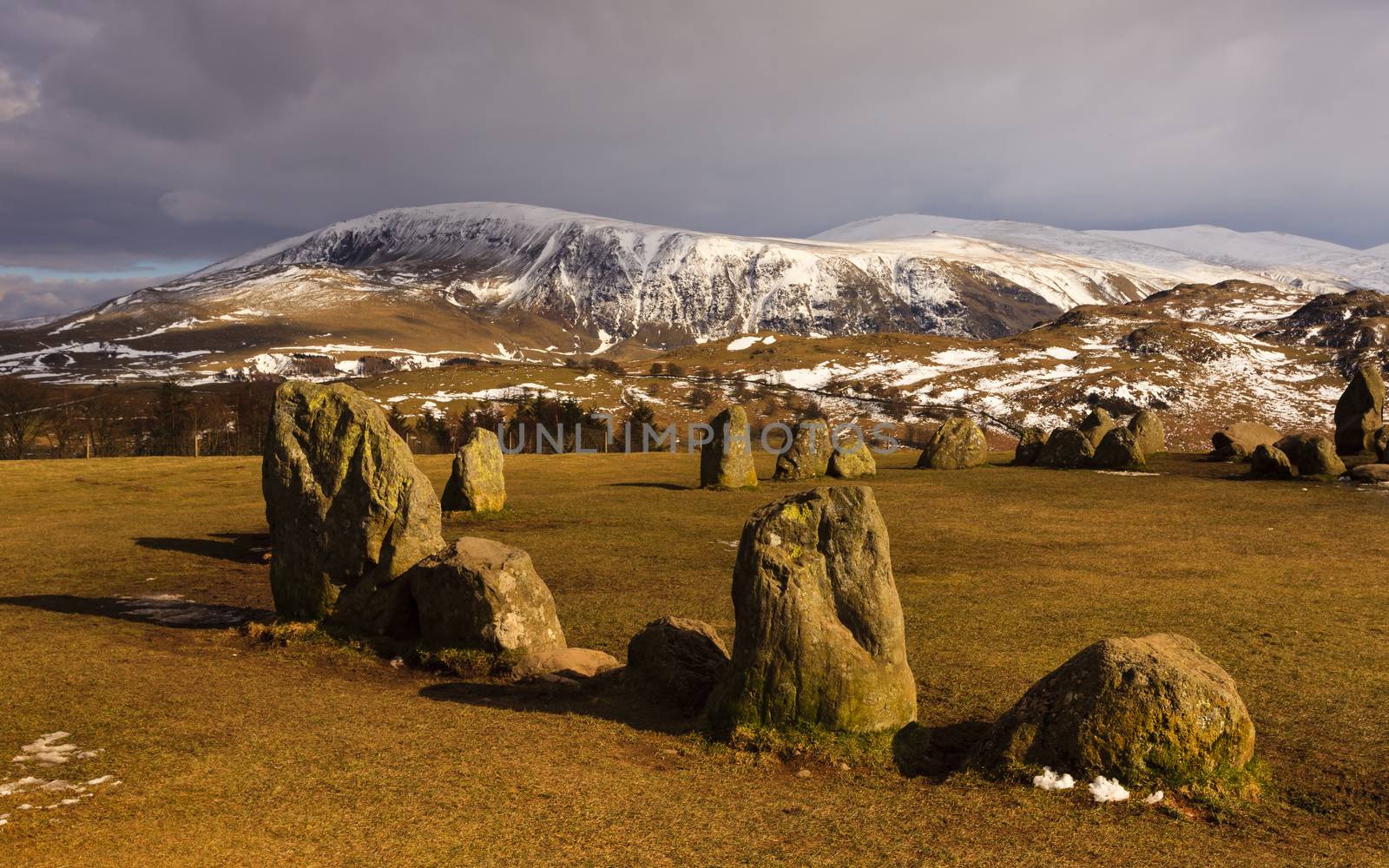 A winter scene at Castlerigg Stone Circle situated near Keswick, Cumbria in the English Lake District national park.