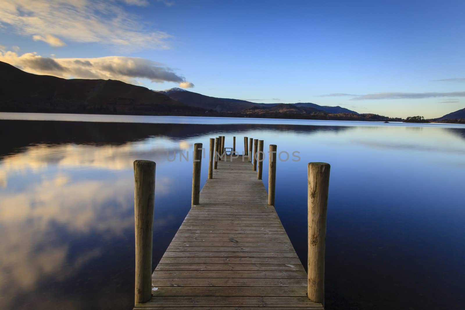 The pier is a landing stage on the banks of Derwentwater, Cumbria in the English Lake District national park.