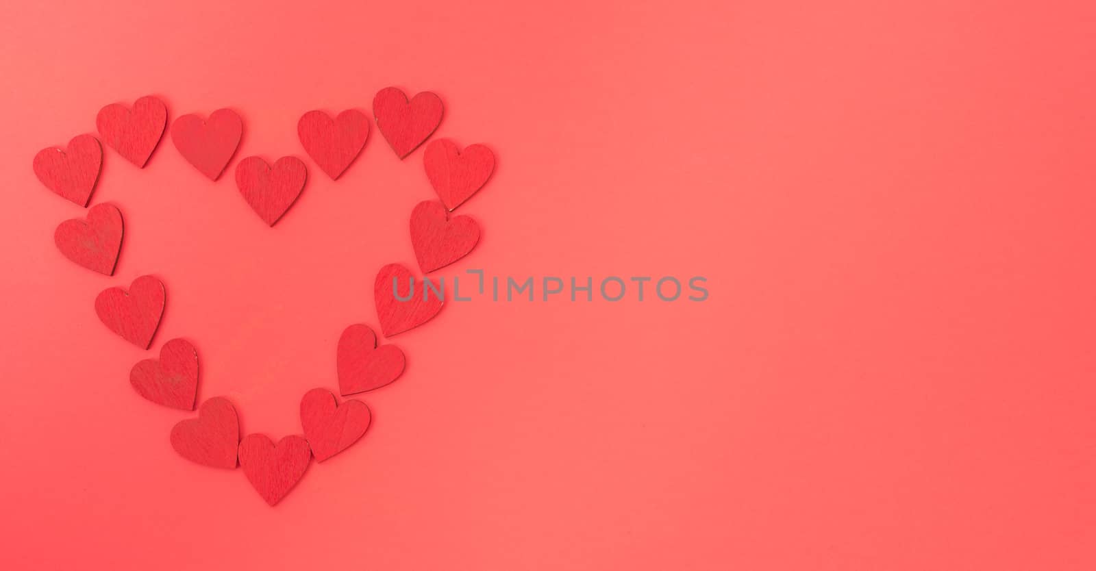 Valentine's Day background, Top view Flat lay Red heart on red background. Valentines day concept with copy space