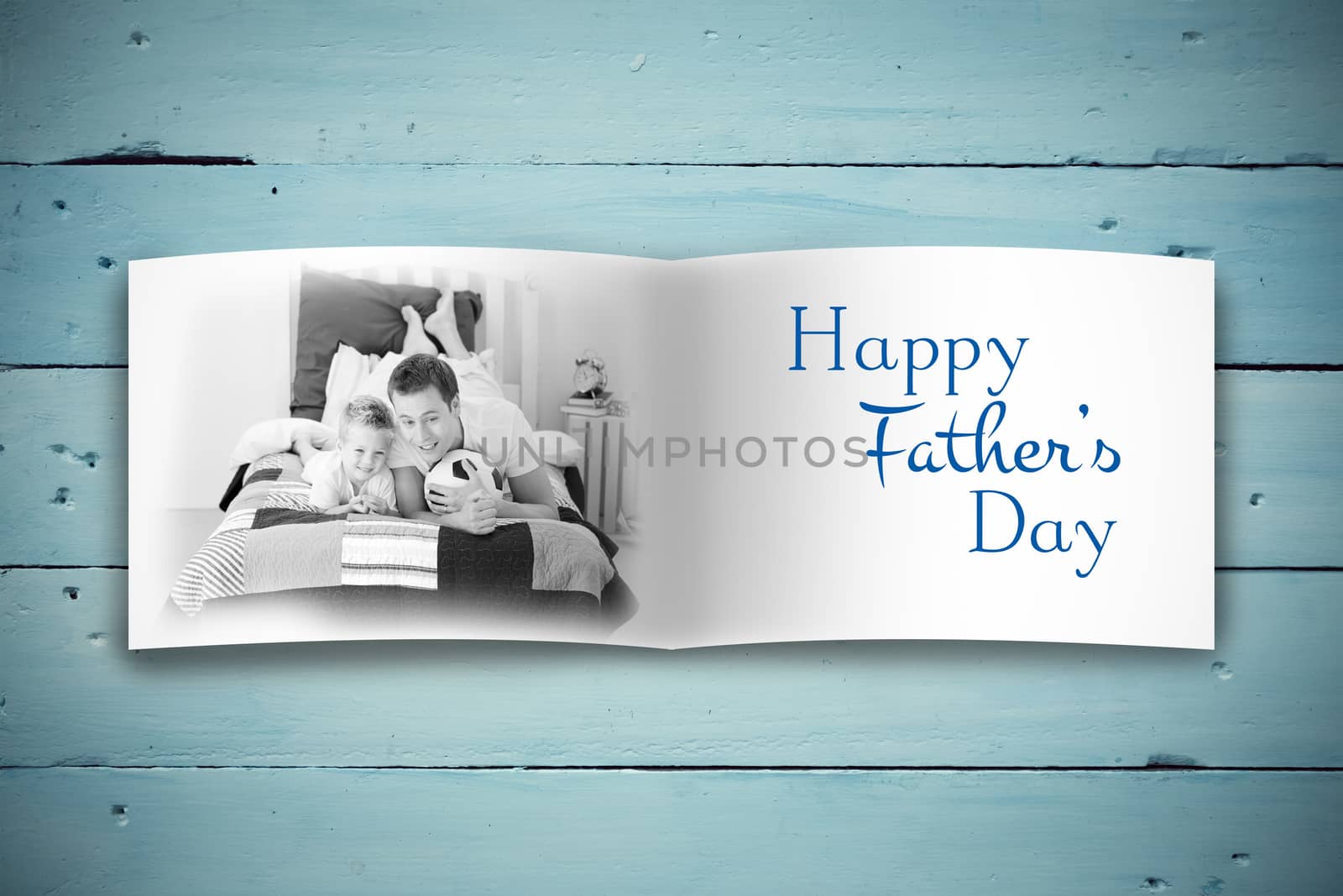 Attractive smiling father with family against overhead of wooden planks