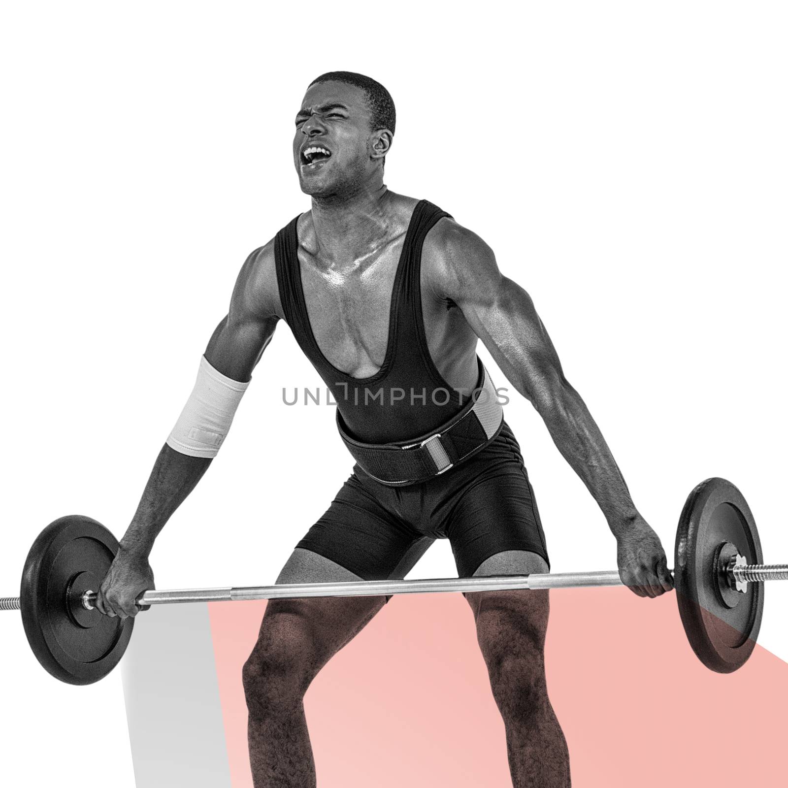 Bodybuilder lifting heavy barbell weights against colored background
