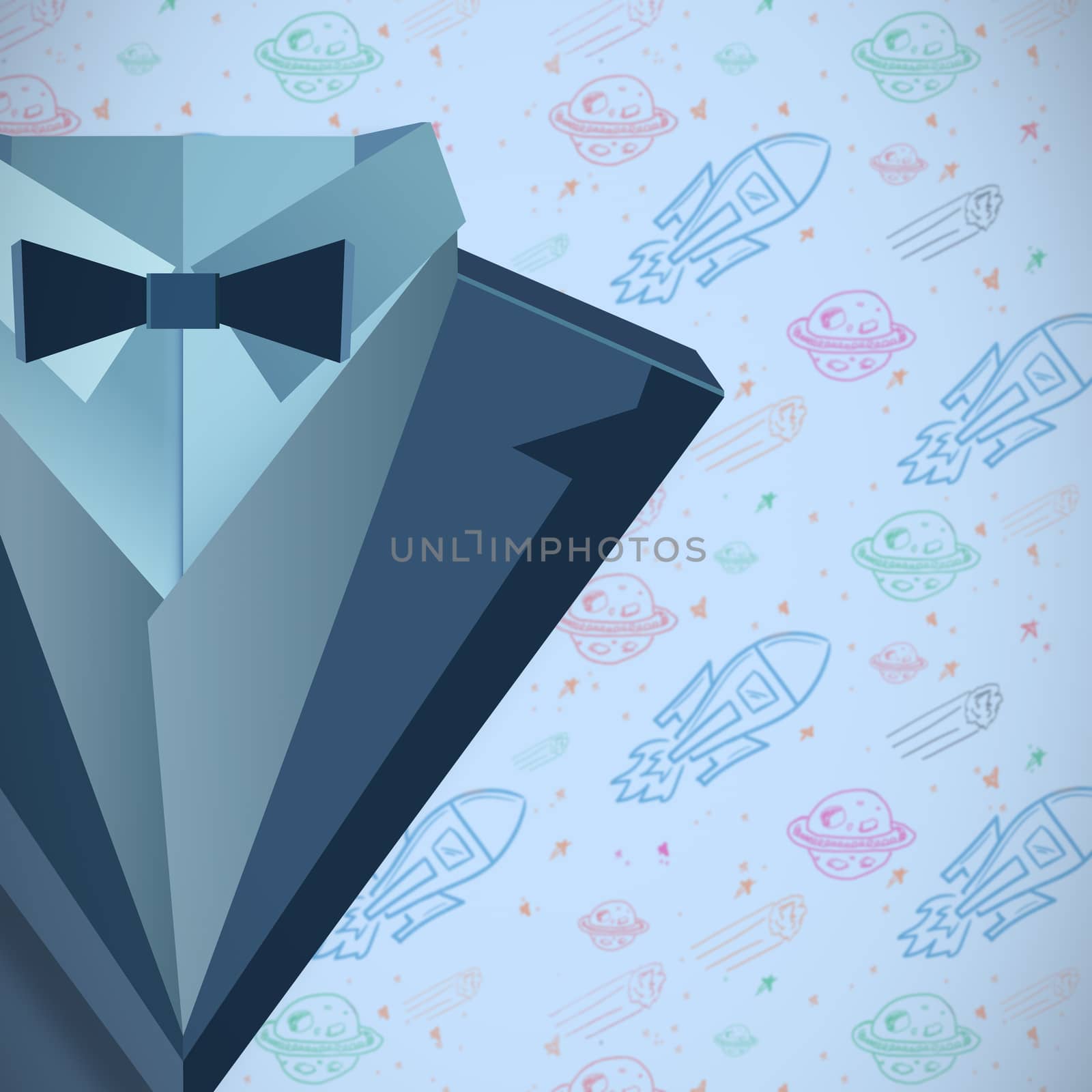Digitally generated suit against digitally generated space drawing