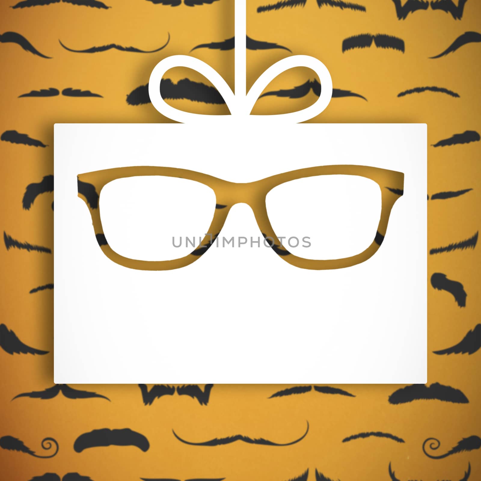 Icons of glasses and tie against white gift with ribbon