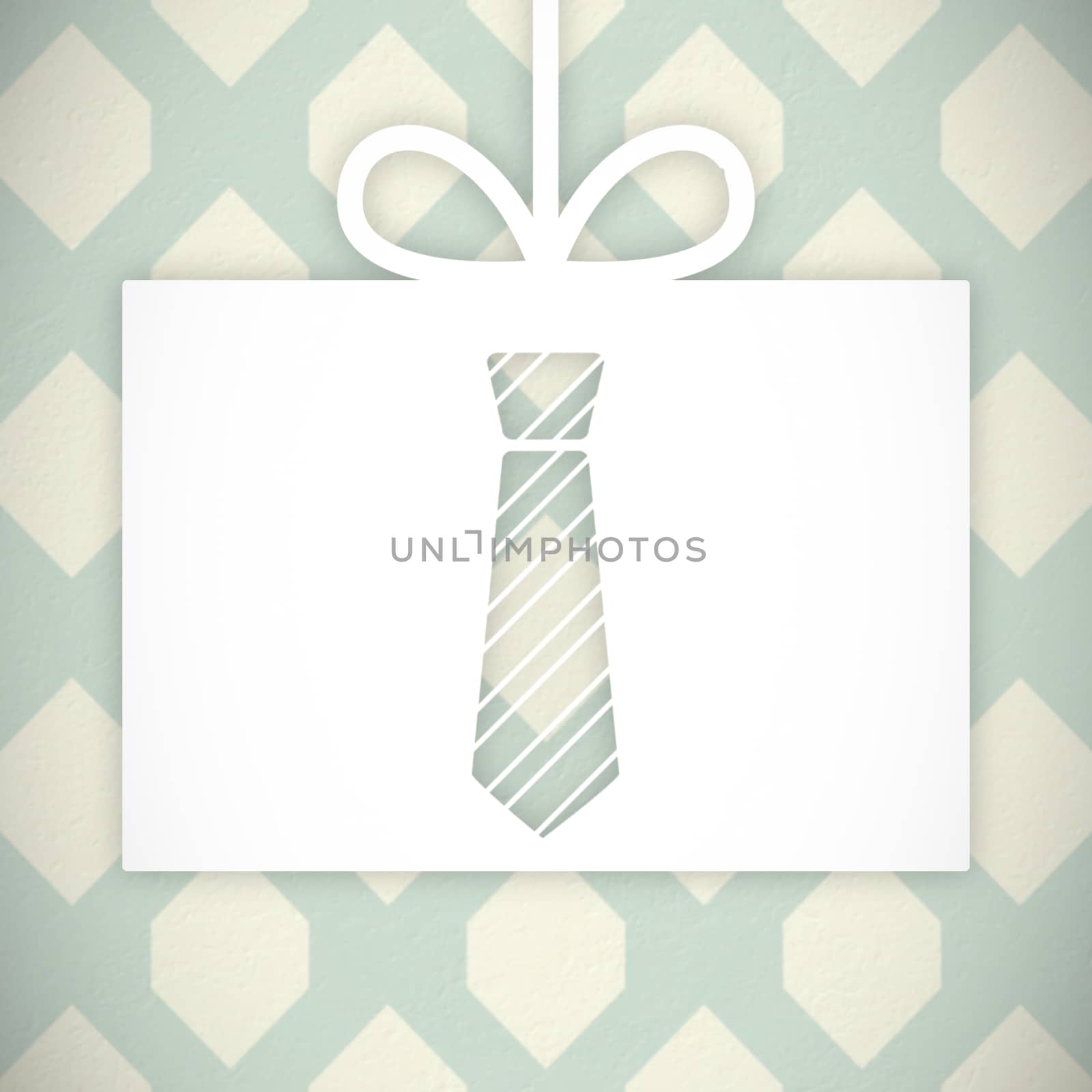 Icon of mustache and tie against blue and cream patterned wallpaper