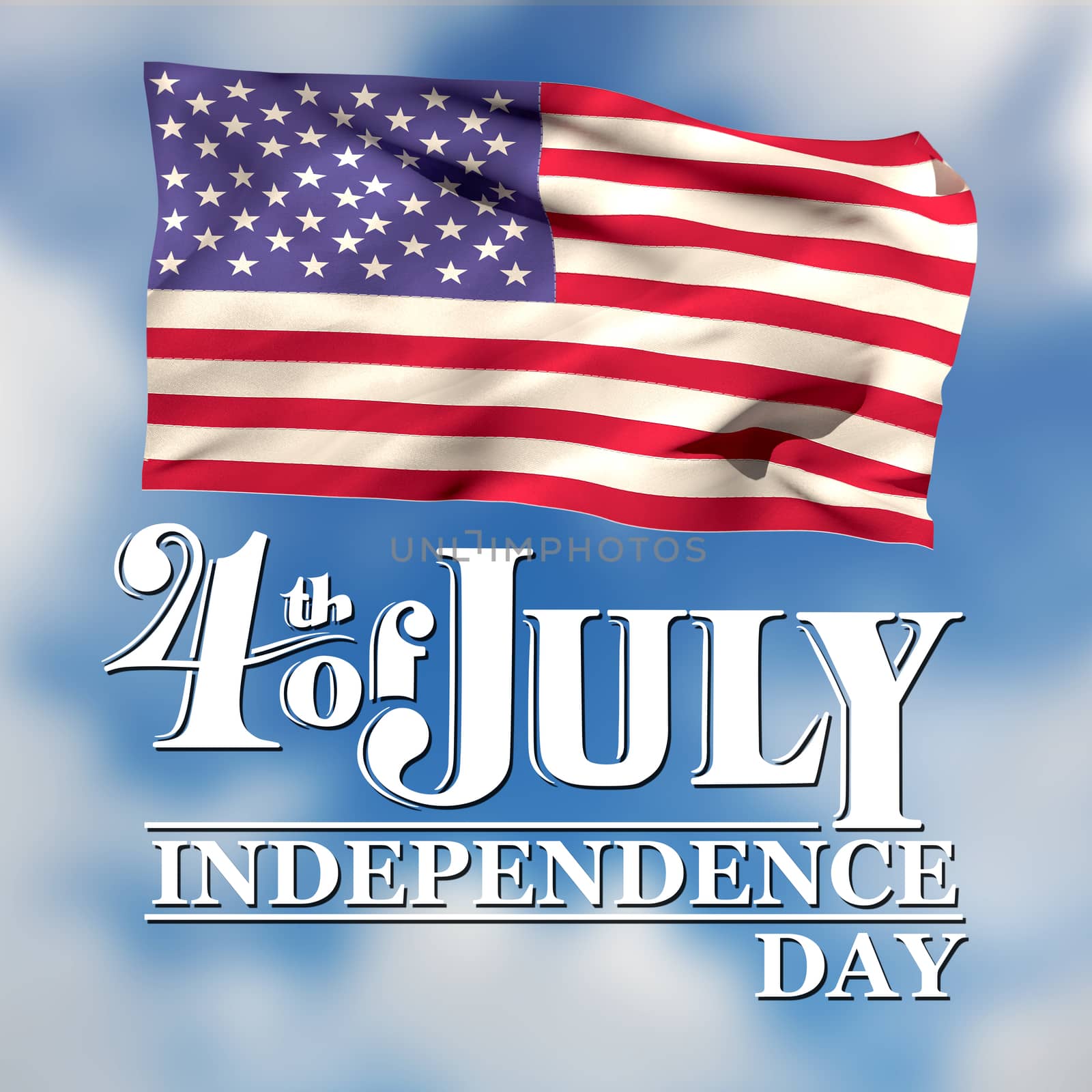Independence day graphic against blue sky with white clouds