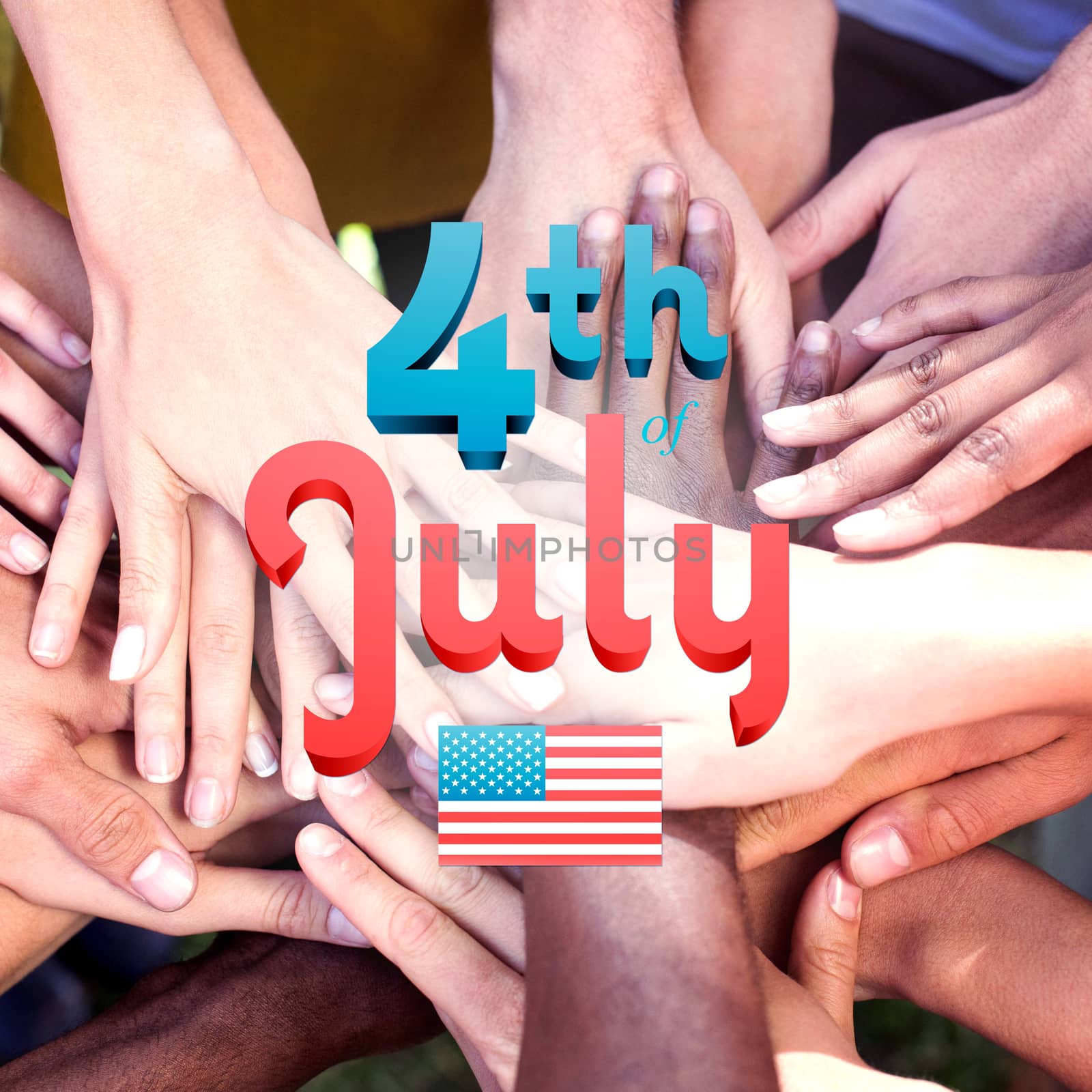 Independence day graphic against friends putting their hands together 