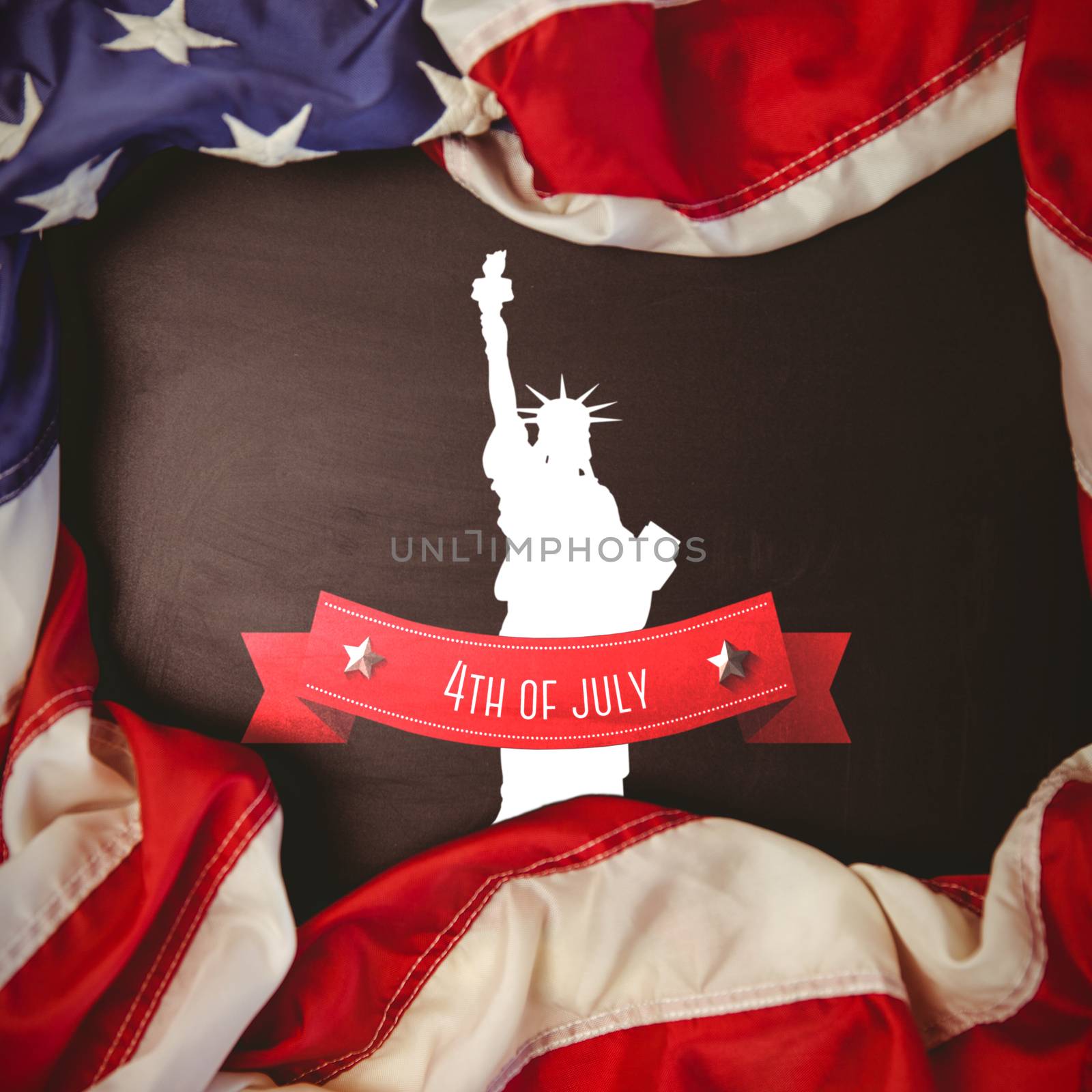 Independence day graphic against american flag on chalkboard