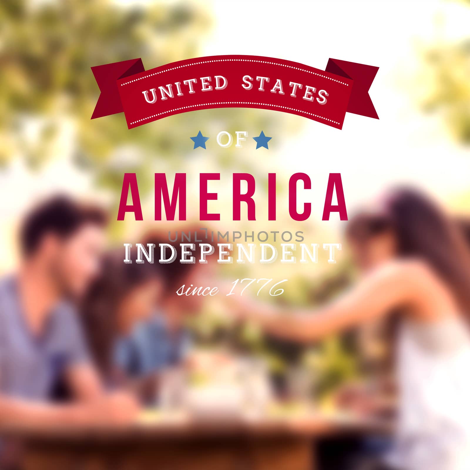 Independence day graphic against happy friends in the park having lunch