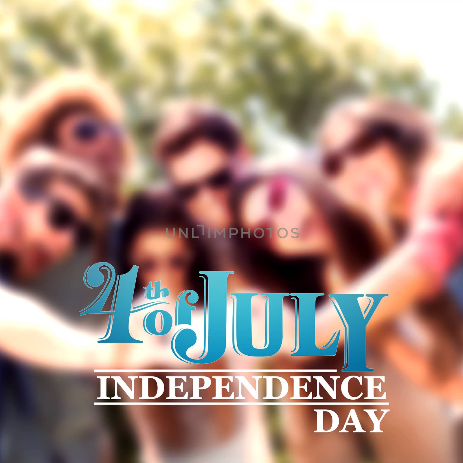 Independence day graphic against happy friends in the park taking selfie