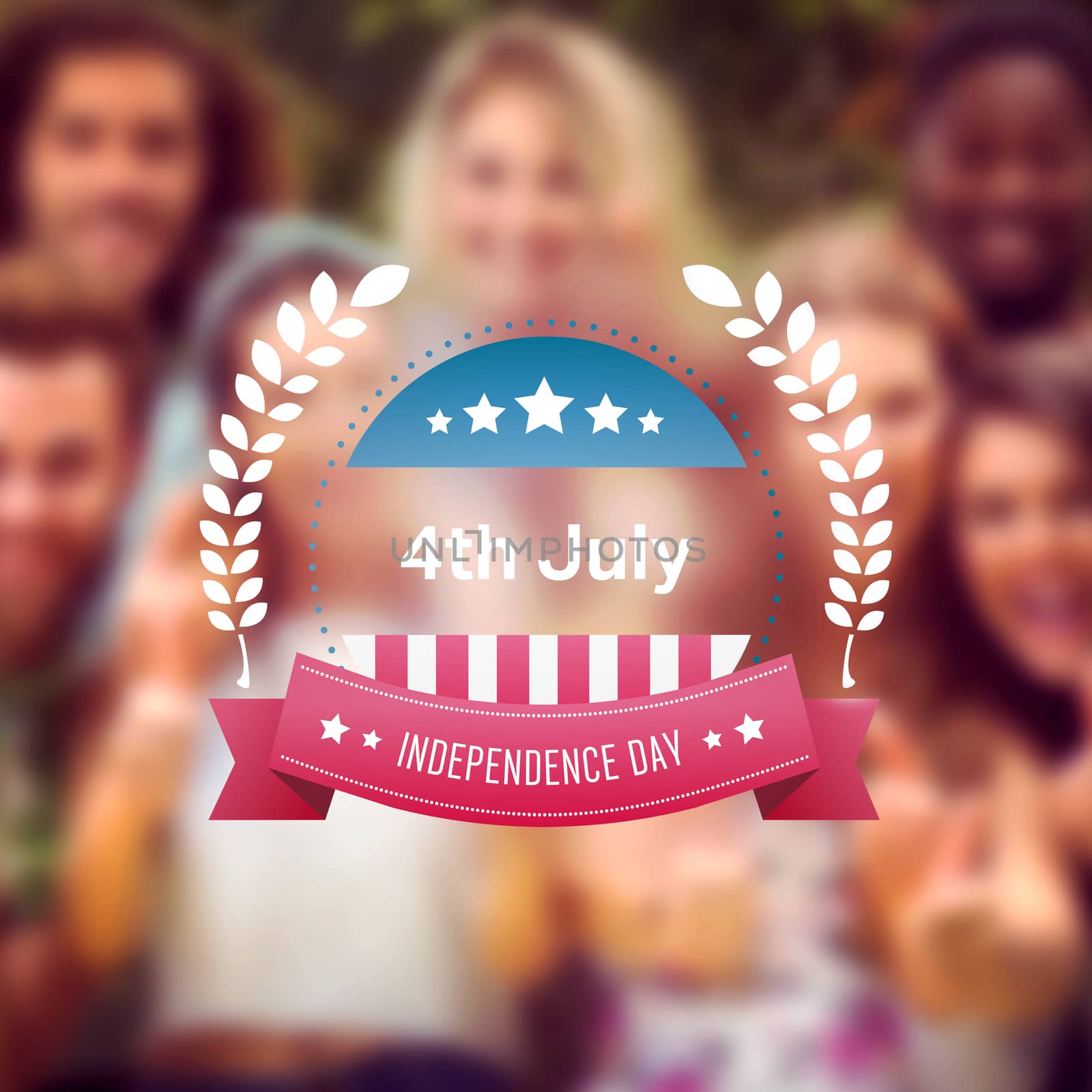 Independence day graphic against happy friends smiling at camera
