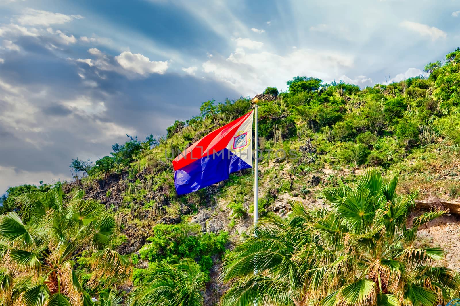 Caribbean Flag on Mountain with Sun Rays by dbvirago