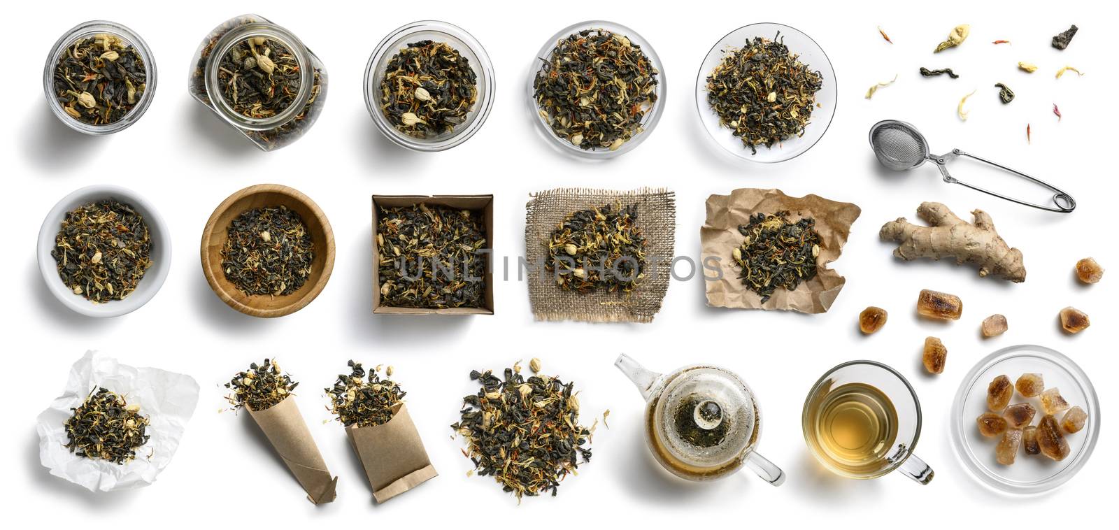 Green tea and accessories top view on white background by butenkow