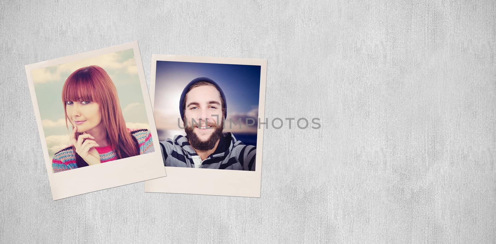 Portrait of a smiling hipster woman against white and grey background