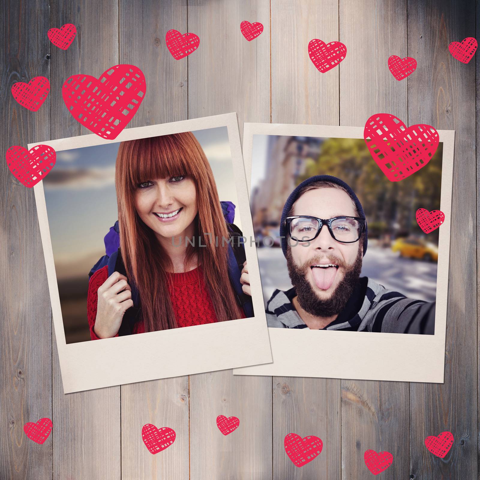 Smiling hipster woman with a travel bag taking selfie against wooden planks