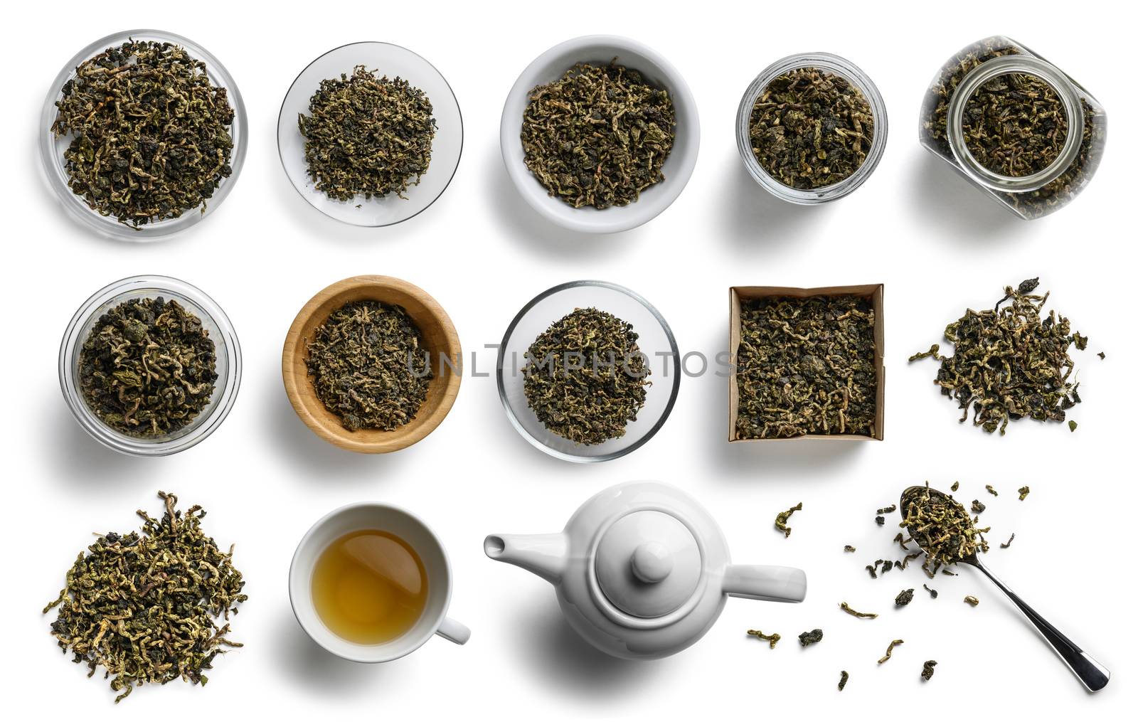 Lotus tea and accessories top view on white background.
