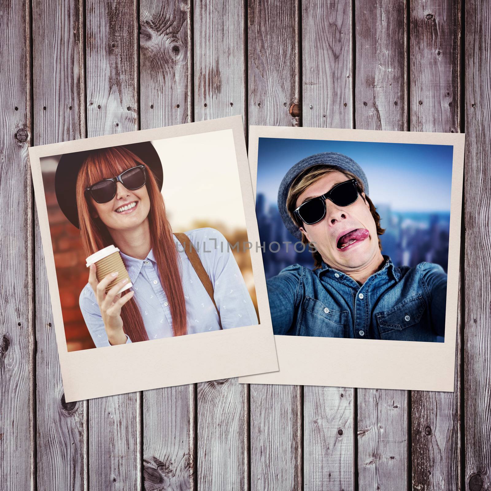 Smiling hipster woman drinking coffee against digitally generated grey wooden planks
