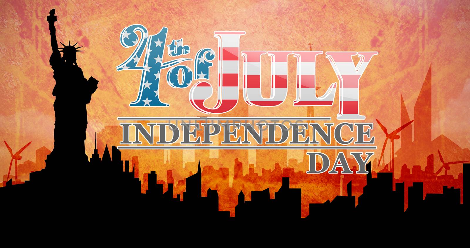 Independence day graphic against artistic cityscape design