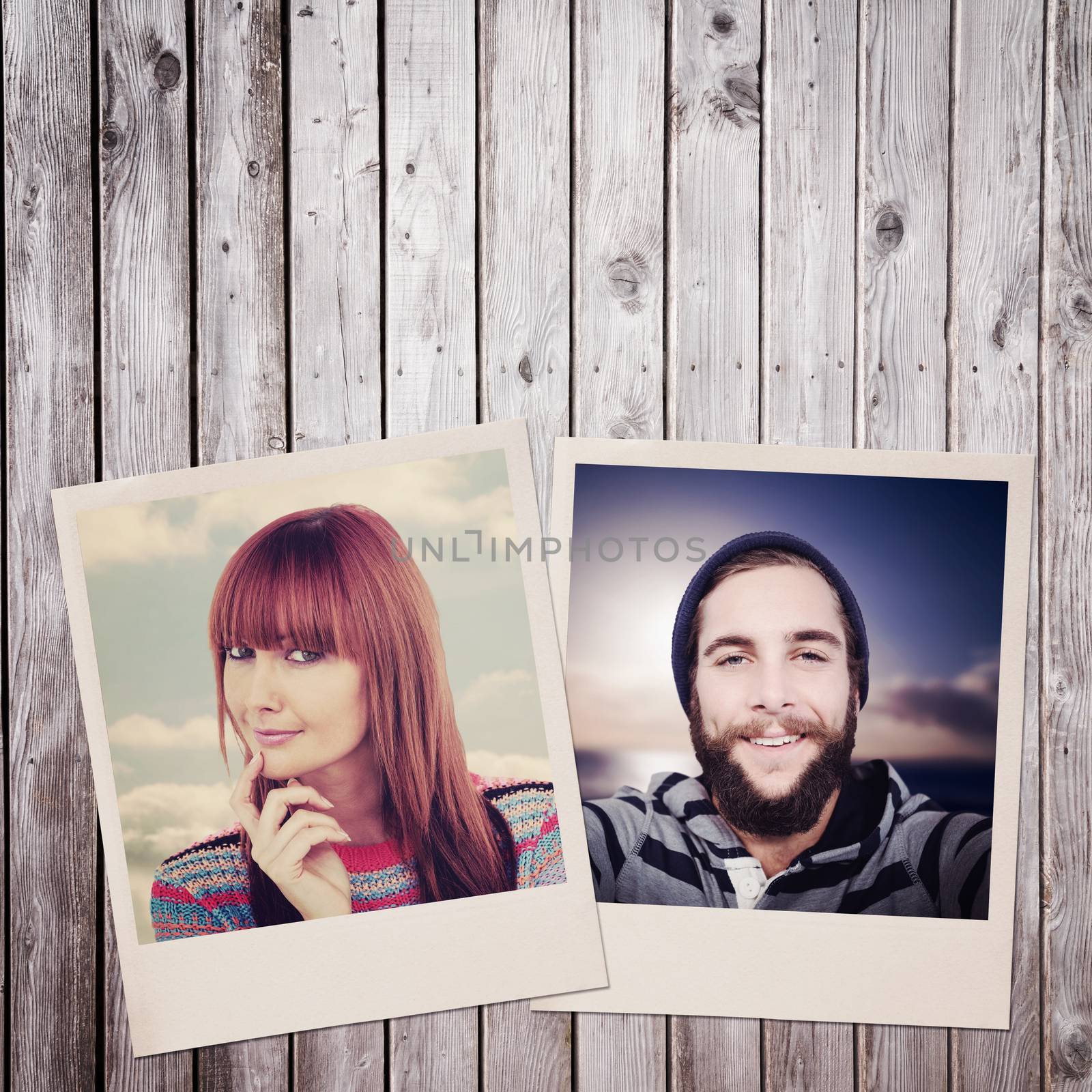 Portrait of a smiling hipster woman against digitally generated grey wooden planks