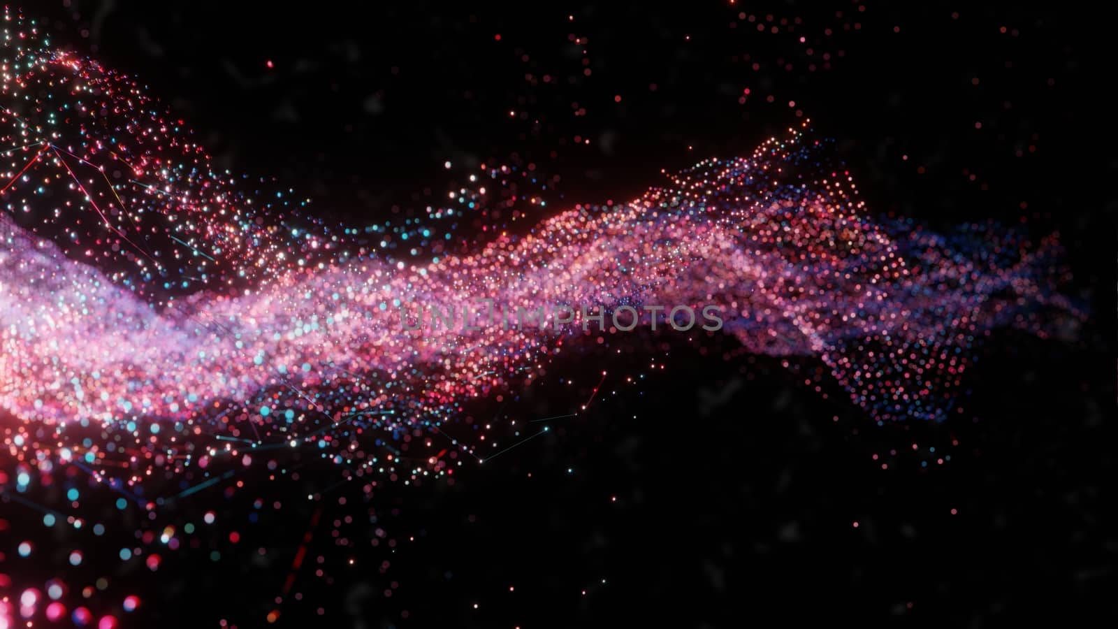Plexus of abstract glow dots on a black background. Loop animations. 3D illustration