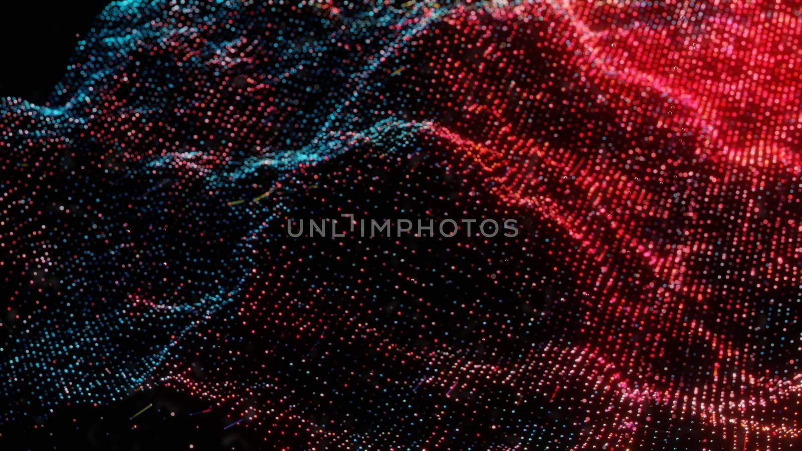 Plexus of abstract glow dots on a black background. Loop animations. 3D illustration