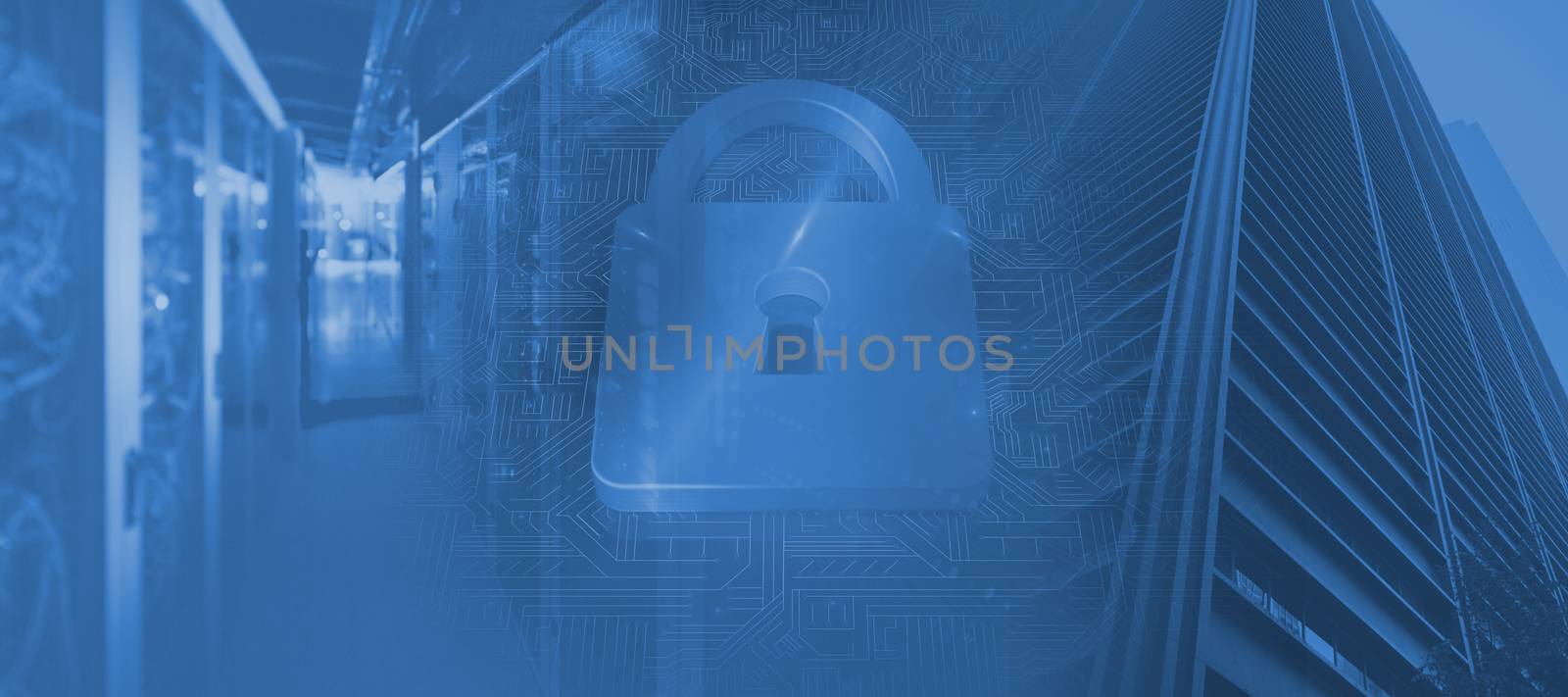 Lock on blue circuit background against view of data technology