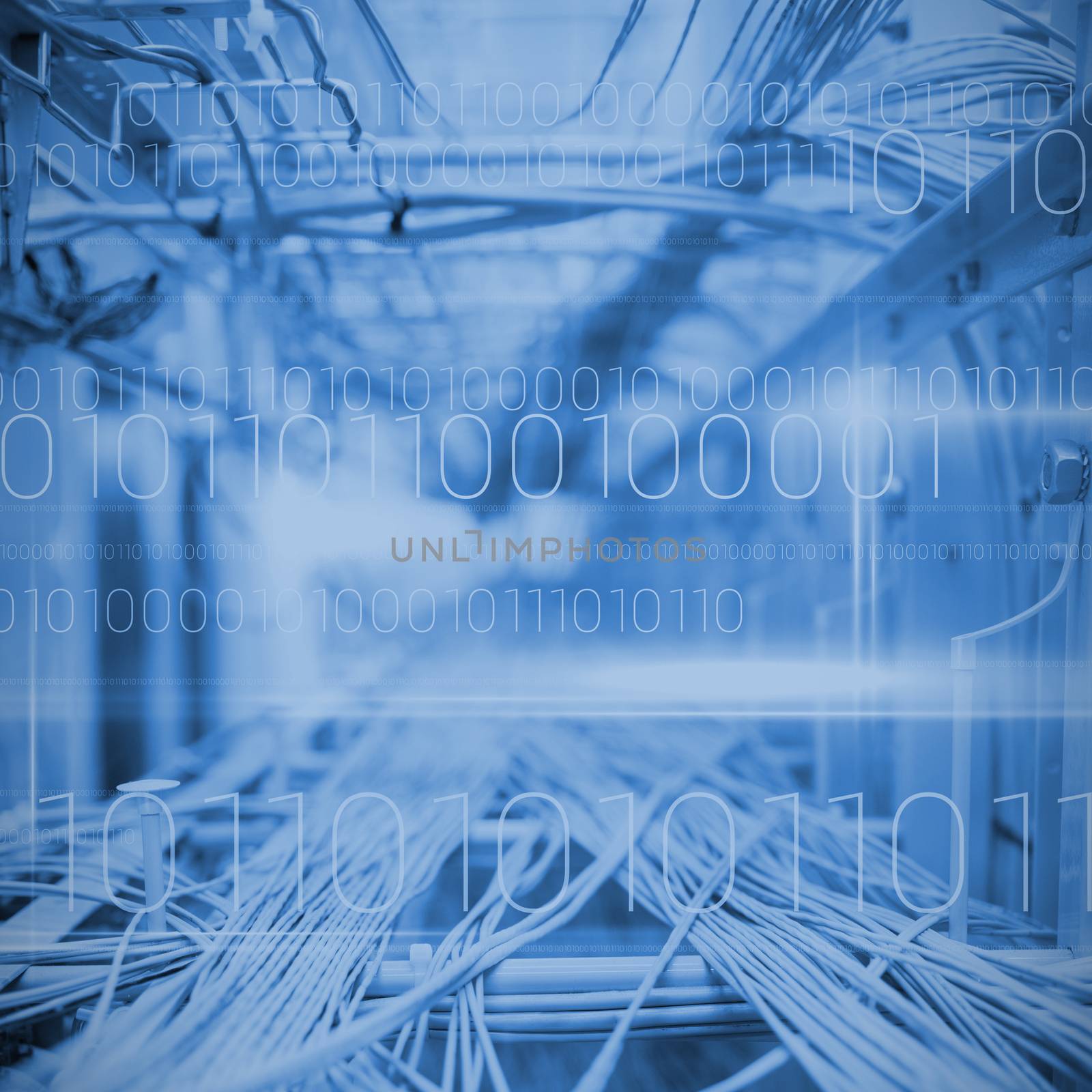 Blue technology design with binary code against image of wire