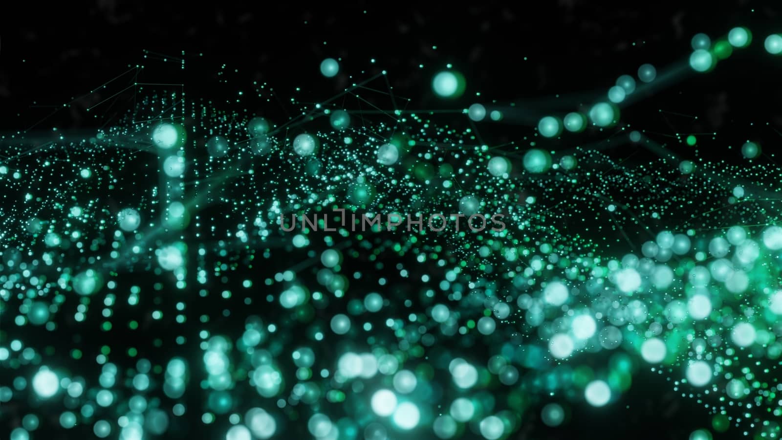 Plexus of abstract glow dots on a black background. Loop animations. 3D illustration