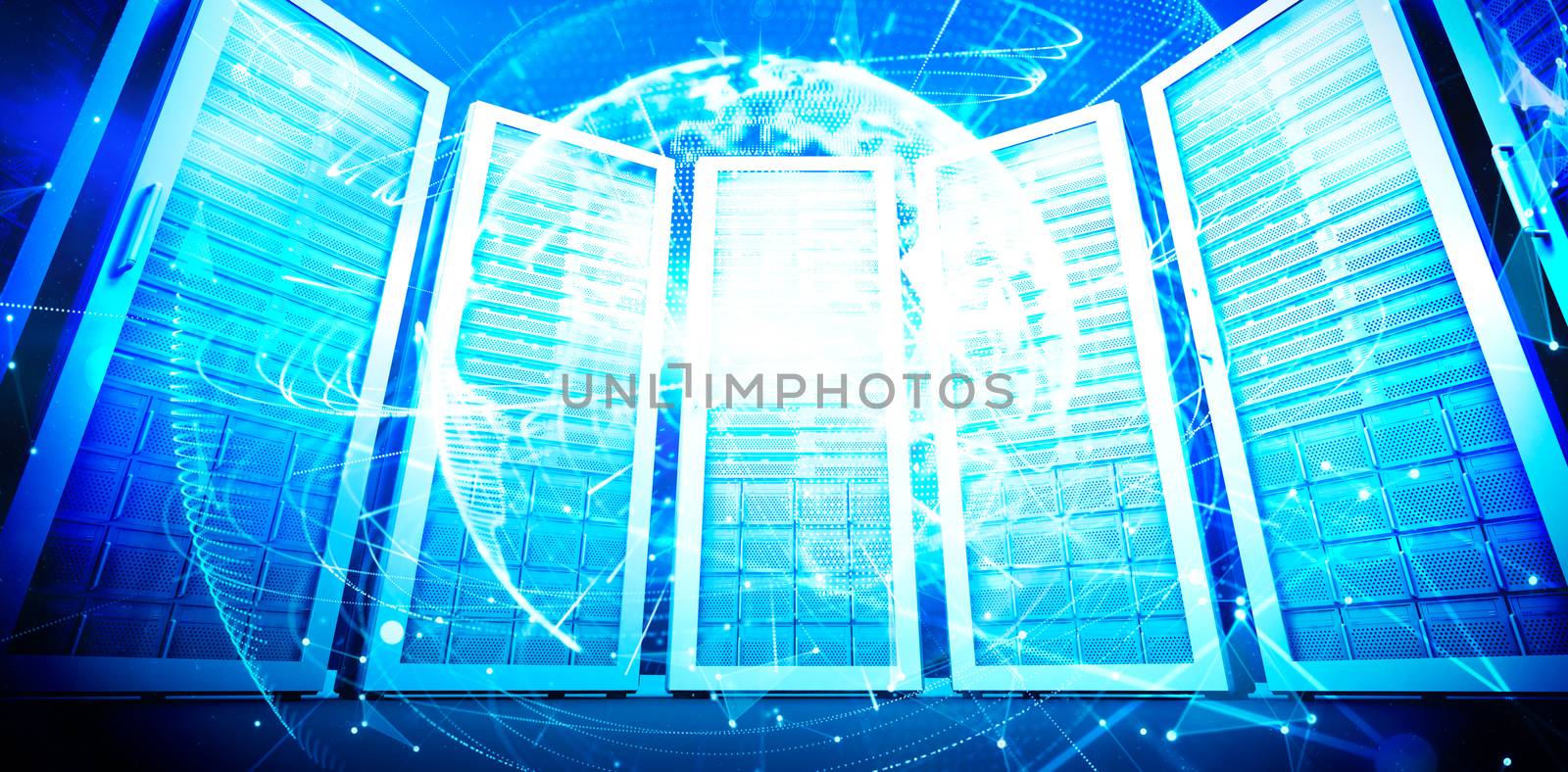 Global technology background in blue against composite image of server room