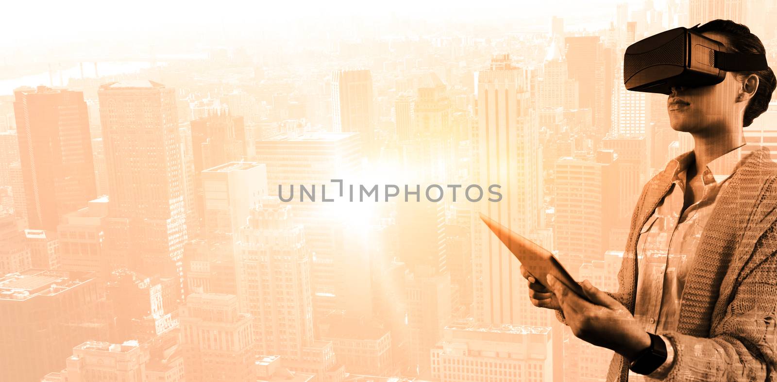 Teacher holding virtual glasses and tablet computer against view of cityscape