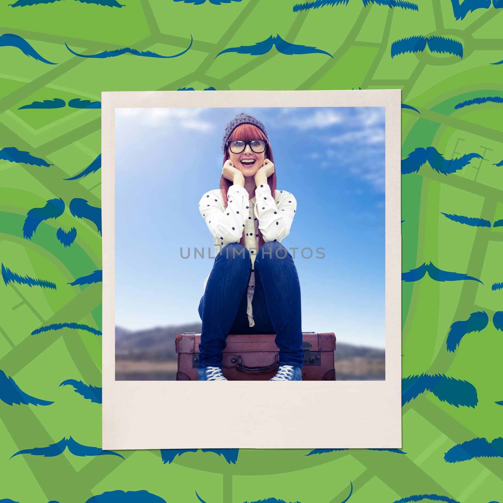 Smiling hipster woman sitting on suitcase  against composite image of mustaches