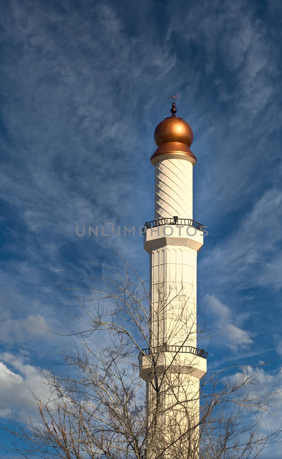 A beautiful tower rising from an Islamic Mosque into the blue sky behind trees in winter