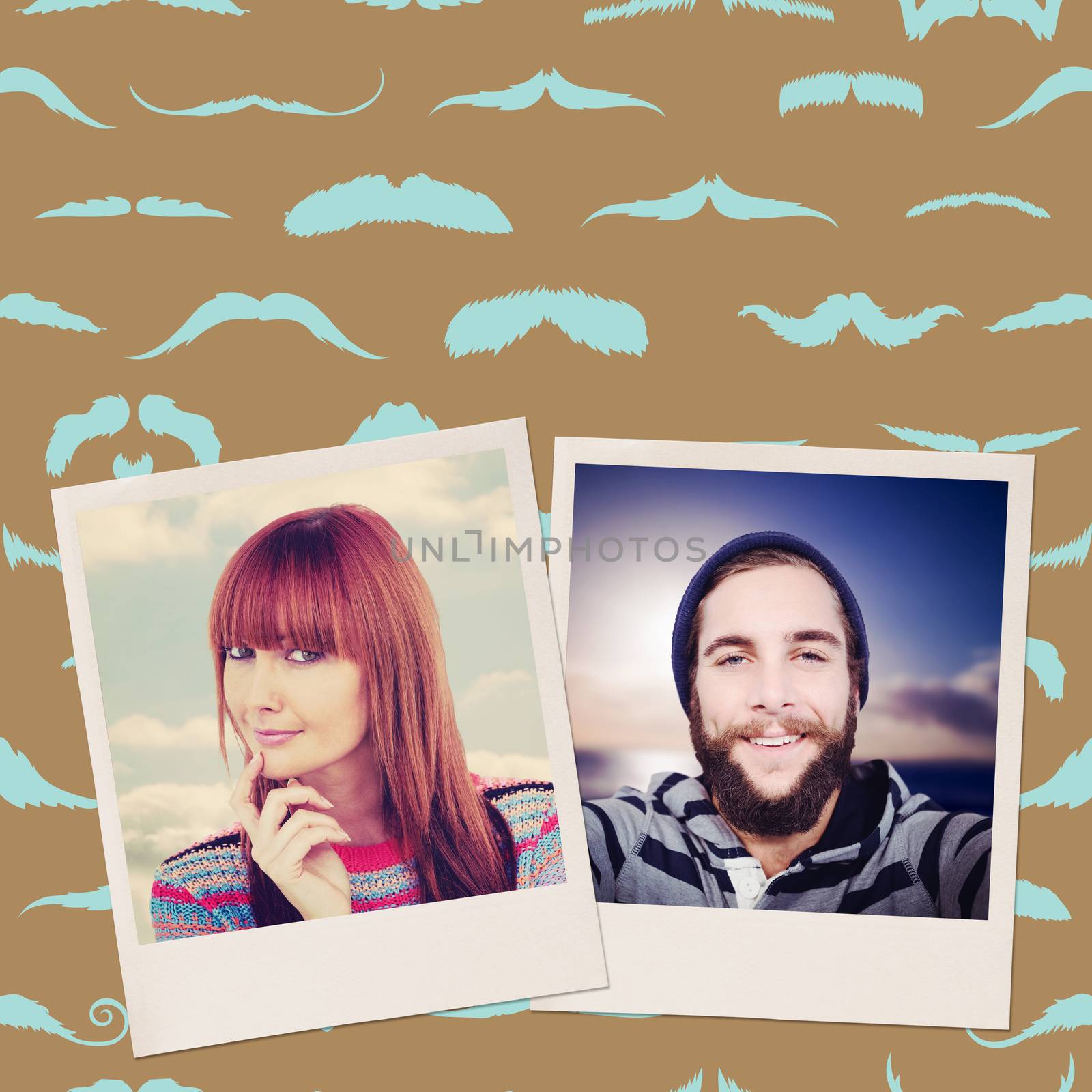 Portrait of a smiling hipster woman against composite image of mustaches