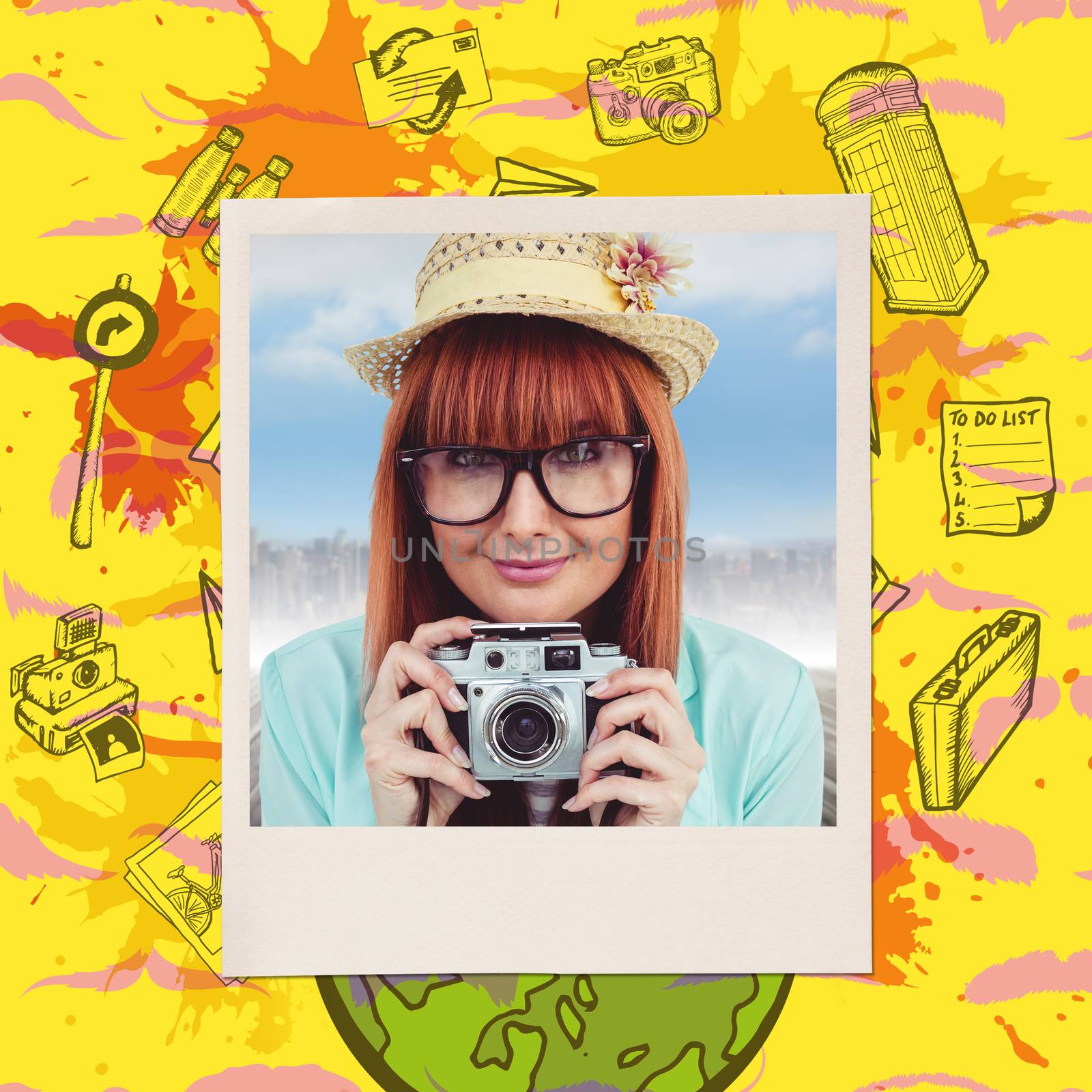 Portrait of a smiling hipster woman holding retro camera against composite image of mustaches