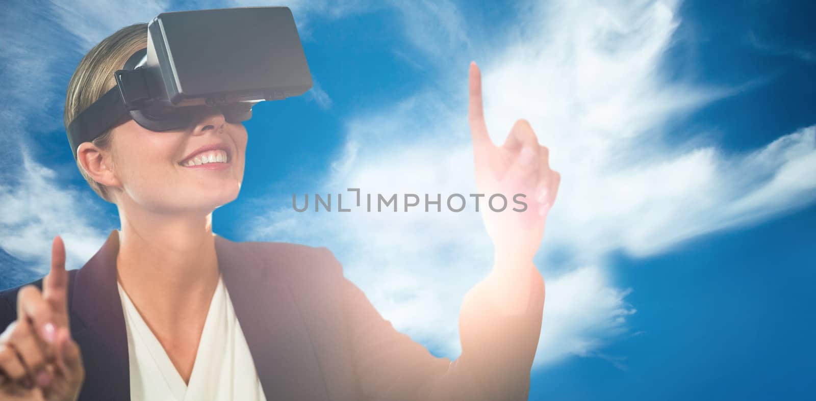 Businesswoman holding virtual glasses on a white background against blue sky with clouds