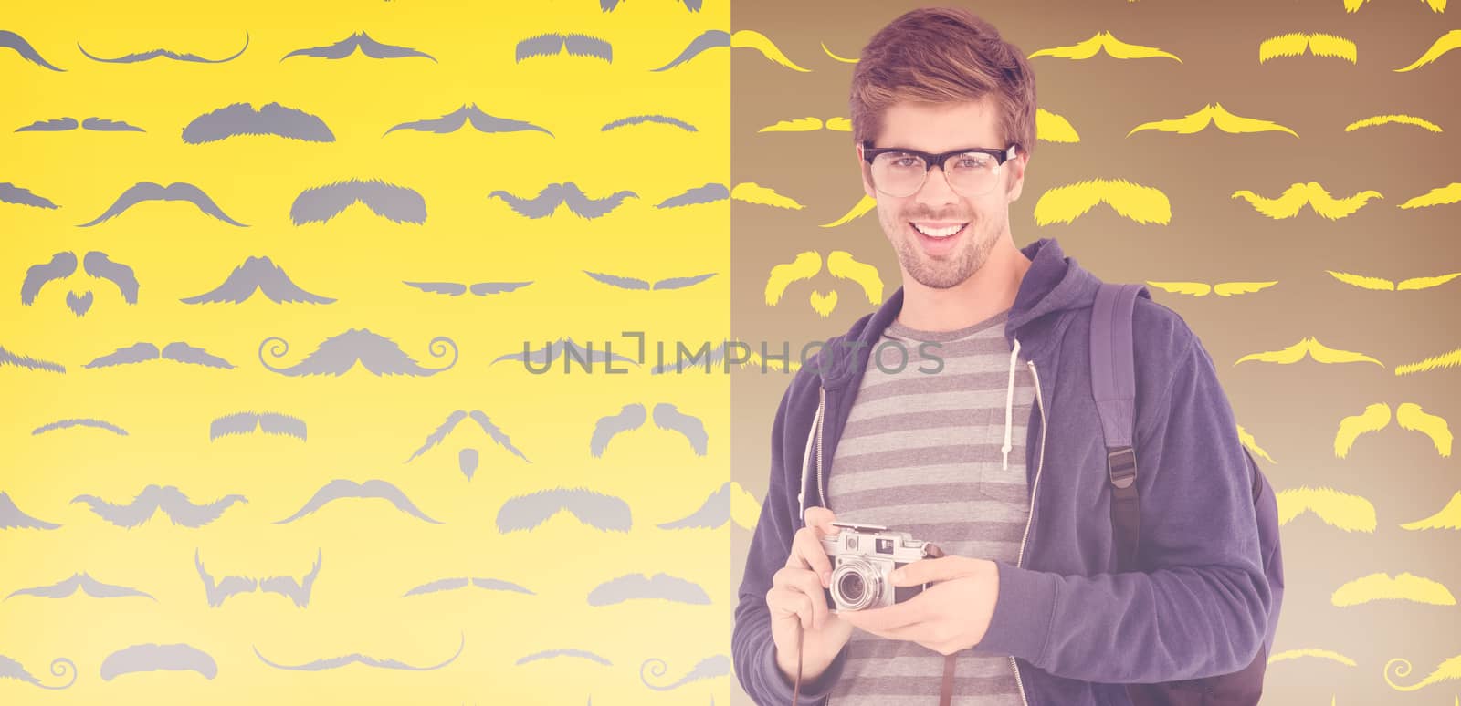Portrait of happy man with camera against composite image of mustaches