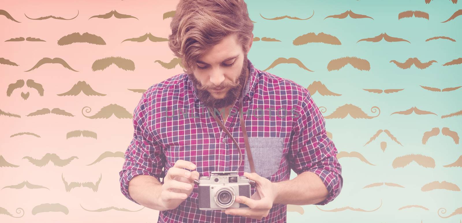 Hipster using camera against composite image of mustaches