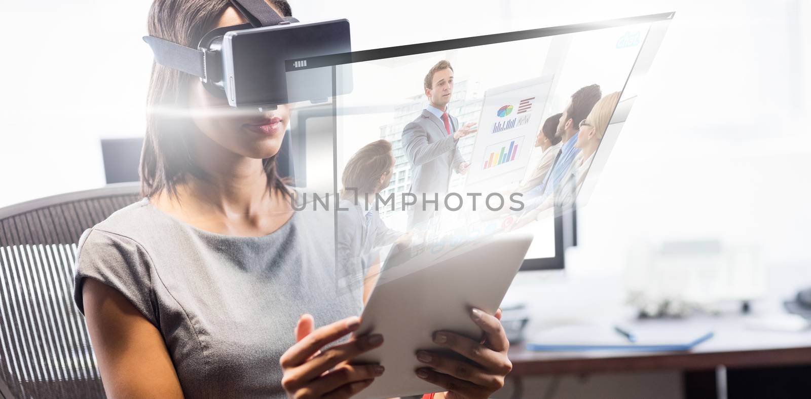 Screen of a video call against business people in board room meeting